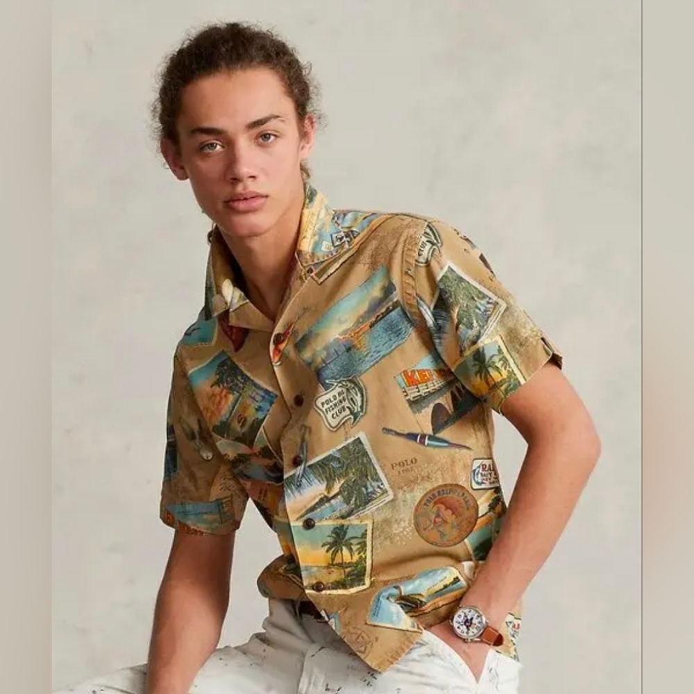 $148 Polo Ralph Lauren Men's Classic Fit Postcard Printed Twill Camp Shirt